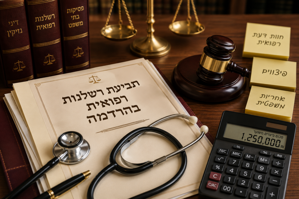 מסמכים משפטיים ורפואיים על שולחן בתביעת רשלנות בהרדמה